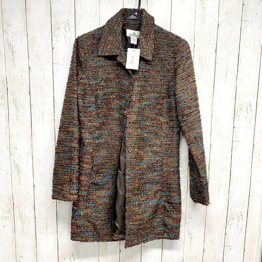 Vintage Erin London Coat Women Size Small Collared‎ Multicolor Tweed Long Sleeve